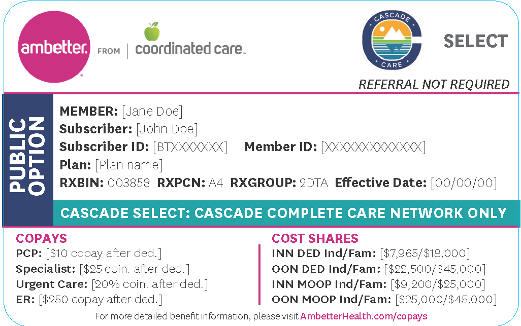 member id card of Ambetter Cascade Select plans using the Cascade Complete Care network